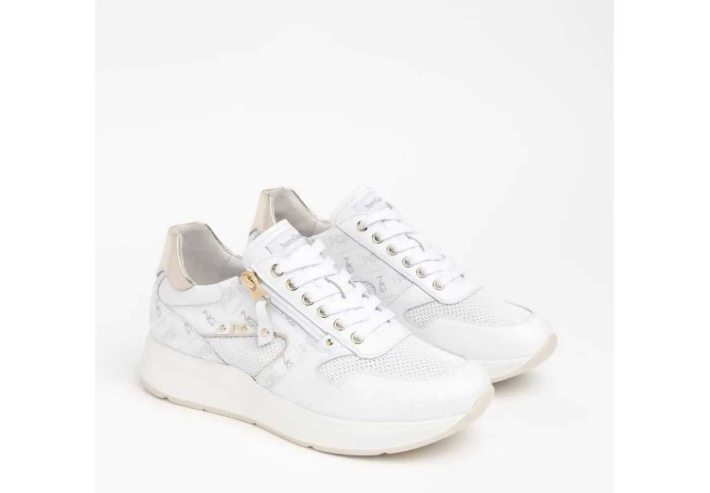 Nero Giardini Sneakers Basse*Sneakers Da Donna In Pelle Bianca Con Inserti Laminati E Zip Nero Giar