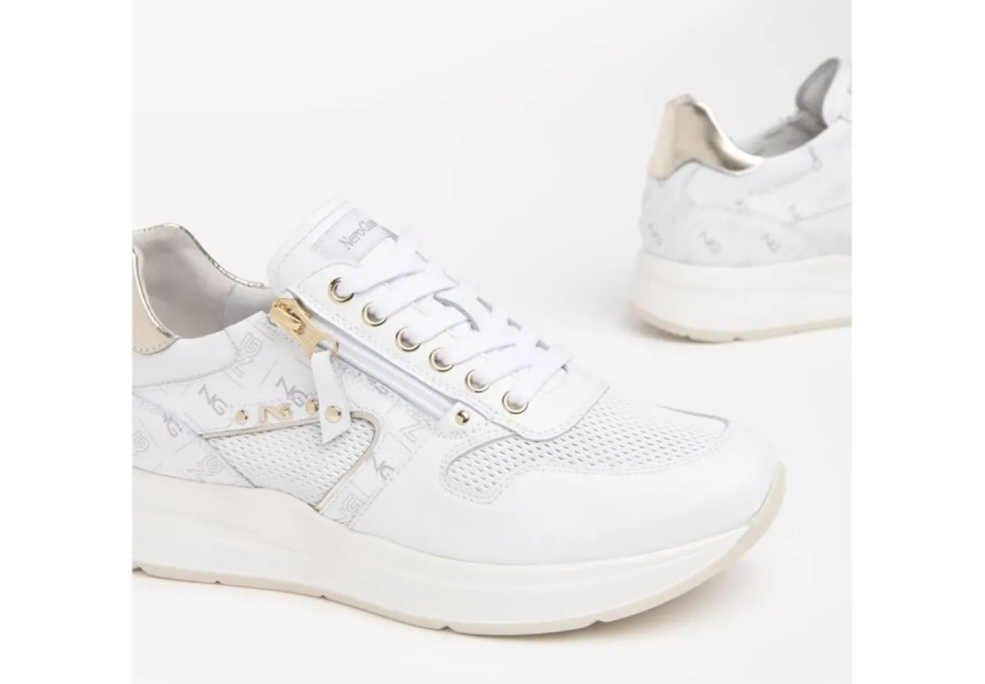 Nero Giardini Sneakers Basse*Sneakers Da Donna In Pelle Bianca Con Inserti Laminati E Zip Nero Giar