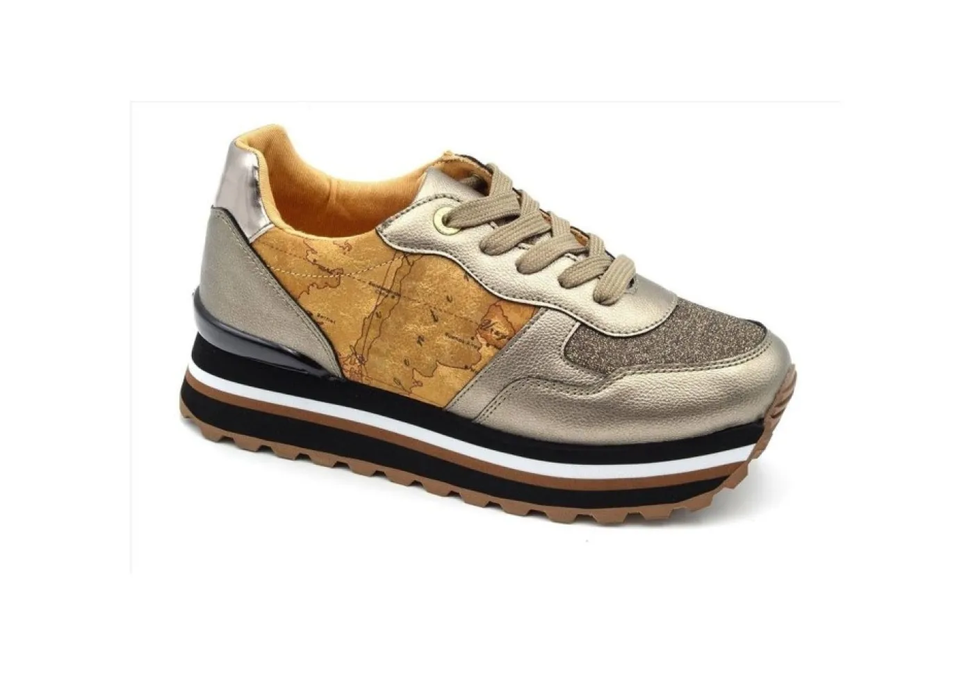 Alviero Martini J Platform*Sneakers In Similpelle Platform Con Glitter 1005 Taupe Geo Beige